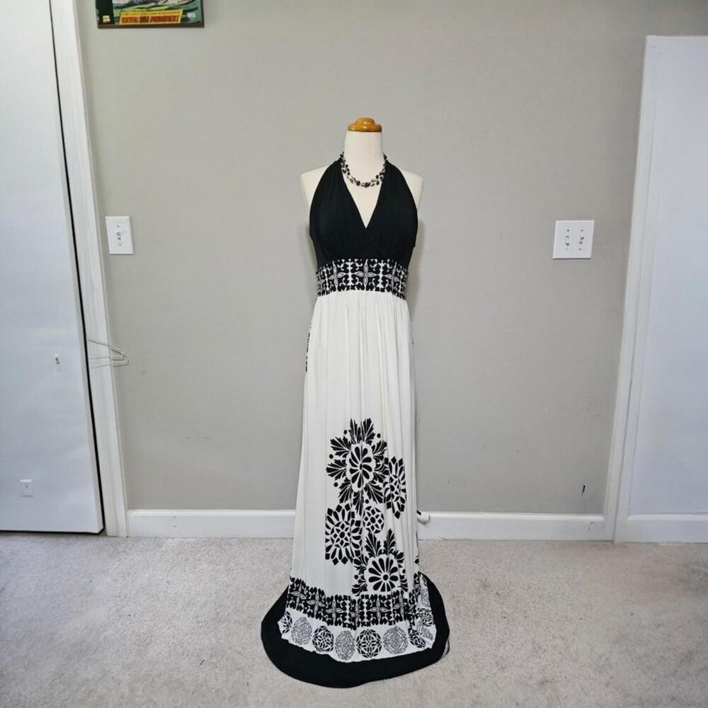 Maggy L Black White Floral Halter Maxi Dress 14